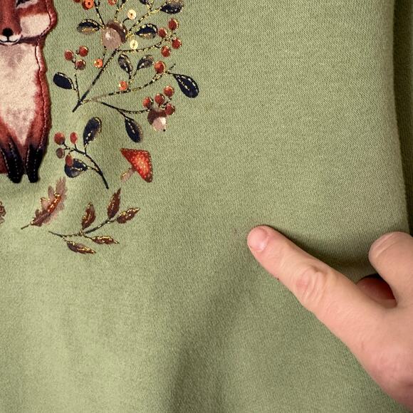 Breckenridge Vintage y2K Embellished Fox Sweatshirt Cottage Grandma Green SMALL - Picture 9 of 15